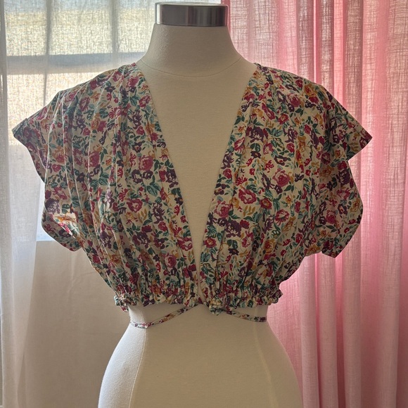 Cider Tops - Cider Floral V-Neck Cropped Blouse - White Base with Pink, Green & Purple Print